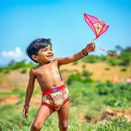 A playful, colorful design featuring a young Indian boy playing outdoors in comfortable, vibrant underwear