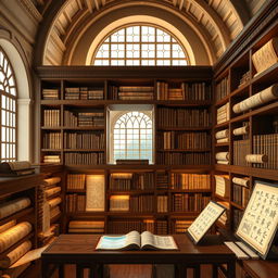 A beautifully designed digital library that resembles a scroll shelf, showcasing ancient scrolls and high-tech digital interfaces