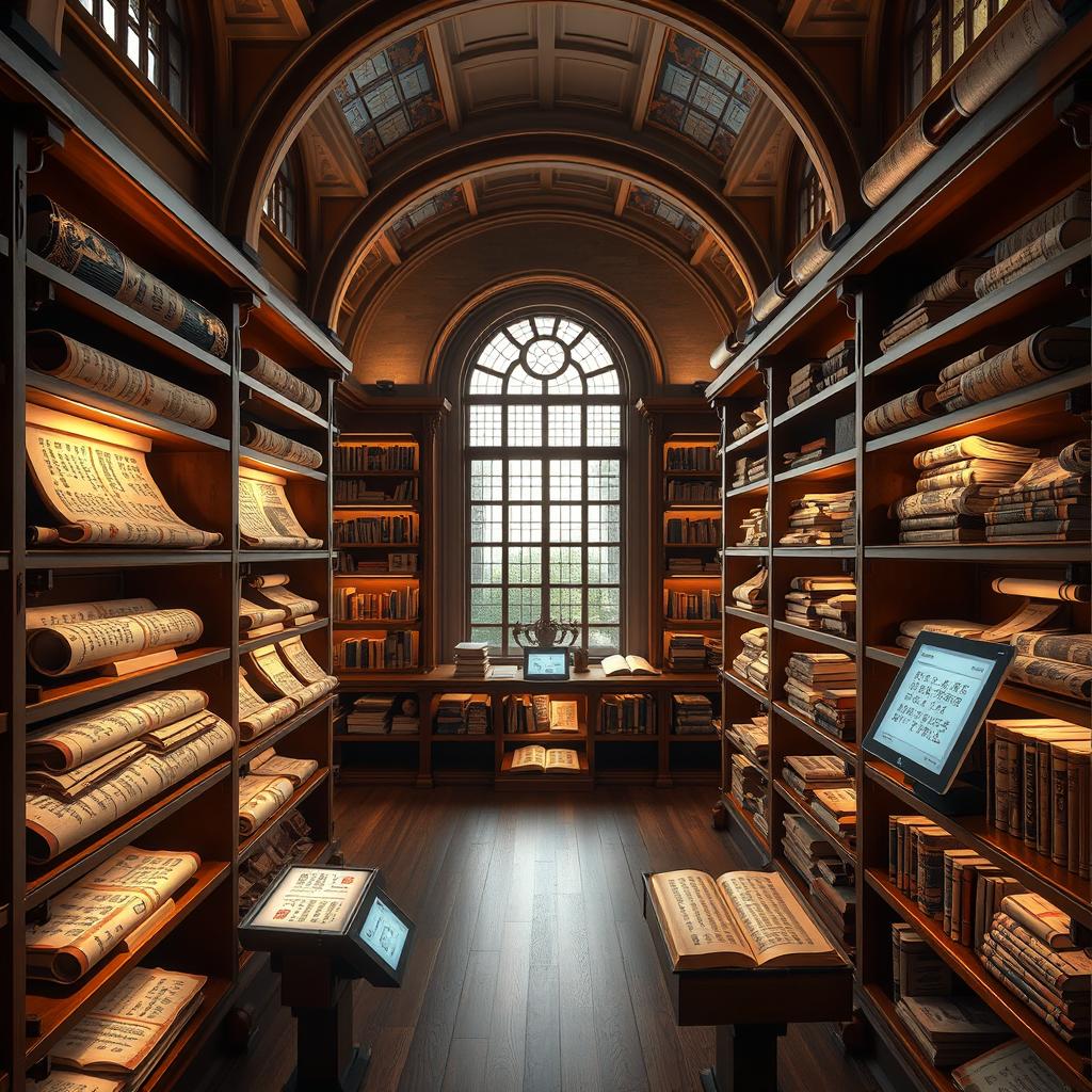 A beautifully designed digital library that resembles a scroll shelf, showcasing ancient scrolls and high-tech digital interfaces