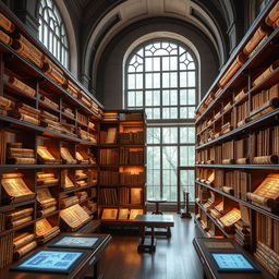 A beautifully designed digital library that resembles a scroll shelf, showcasing ancient scrolls and high-tech digital interfaces
