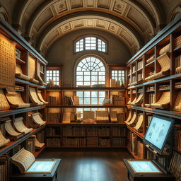 A beautifully designed digital library that resembles a scroll shelf, showcasing ancient scrolls and high-tech digital interfaces