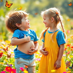 A playful scene of a young boy and girl sharing a light-hearted moment, playfully kissing each other's belly buttons