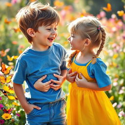 A playful scene of a young boy and girl sharing a light-hearted moment, playfully kissing each other's belly buttons