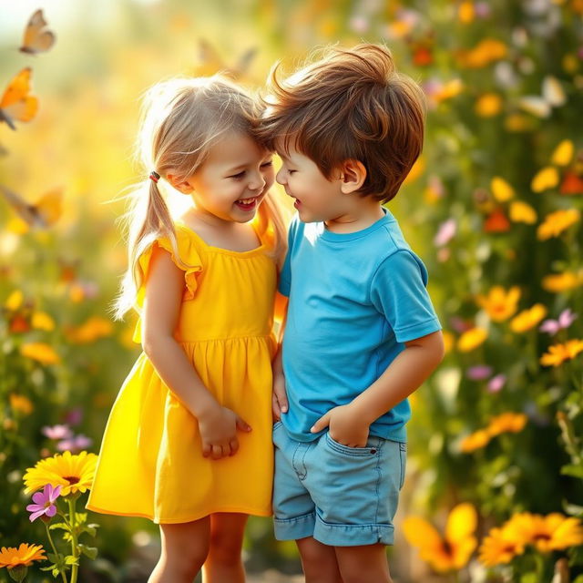 A playful scene of a young boy and girl sharing a light-hearted moment, playfully kissing each other's belly buttons