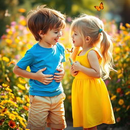 A playful scene of a young boy and girl sharing a light-hearted moment, playfully kissing each other's belly buttons