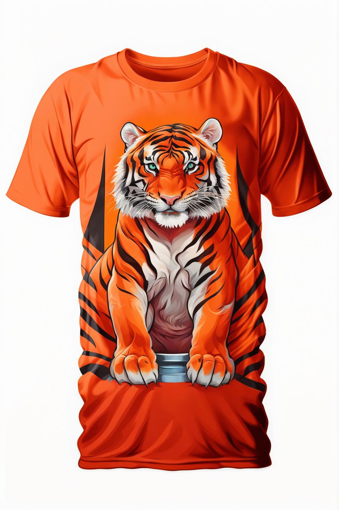 The image depicts a vibrant orange graphic tee with a detailed print of a tiger loaf