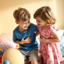 A playful scene featuring a boy and a girl sharing a light-hearted moment, playfully reaching toward each other's belly buttons as they giggle