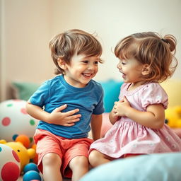 A playful scene featuring a boy and a girl sharing a light-hearted moment, playfully reaching toward each other's belly buttons as they giggle