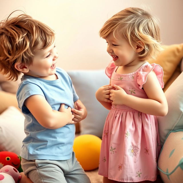 A playful scene featuring a boy and a girl sharing a light-hearted moment, playfully reaching toward each other's belly buttons as they giggle