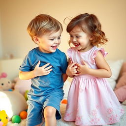 A playful scene featuring a boy and a girl sharing a light-hearted moment, playfully reaching toward each other's belly buttons as they giggle