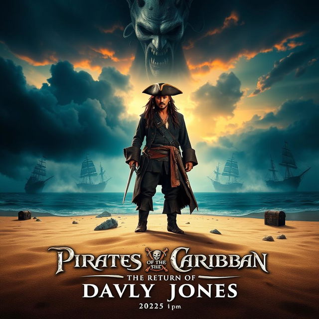 A thrilling poster design for 'Pirates of the Caribbean 6: The Return of Davy Jones' (2025), featuring Captain Jack Sparrow in his iconic attire, standing on the sandy shores of a mysterious island, with ghostly ships in the background shrouded in mist