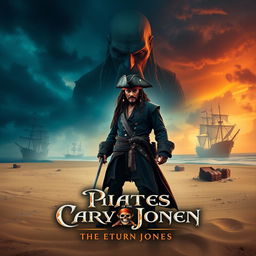 A thrilling poster design for 'Pirates of the Caribbean 6: The Return of Davy Jones' (2025), featuring Captain Jack Sparrow in his iconic attire, standing on the sandy shores of a mysterious island, with ghostly ships in the background shrouded in mist