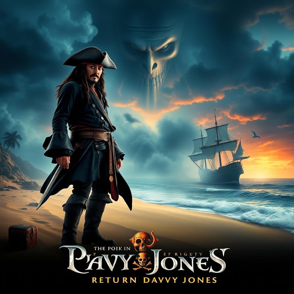 A thrilling poster design for 'Pirates of the Caribbean 6: The Return of Davy Jones' (2025), featuring Captain Jack Sparrow in his iconic attire, standing on the sandy shores of a mysterious island, with ghostly ships in the background shrouded in mist