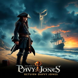 A thrilling poster design for 'Pirates of the Caribbean 6: The Return of Davy Jones' (2025), featuring Captain Jack Sparrow in his iconic attire, standing on the sandy shores of a mysterious island, with ghostly ships in the background shrouded in mist