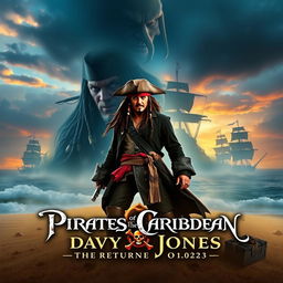 A thrilling poster design for 'Pirates of the Caribbean 6: The Return of Davy Jones' (2025), featuring Captain Jack Sparrow in his iconic attire, standing on the sandy shores of a mysterious island, with ghostly ships in the background shrouded in mist