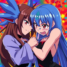 A scene featuring a strong, assertive woman with long brunette hair and striking red eyes