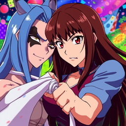 A scene featuring a strong, assertive woman with long brunette hair and striking red eyes
