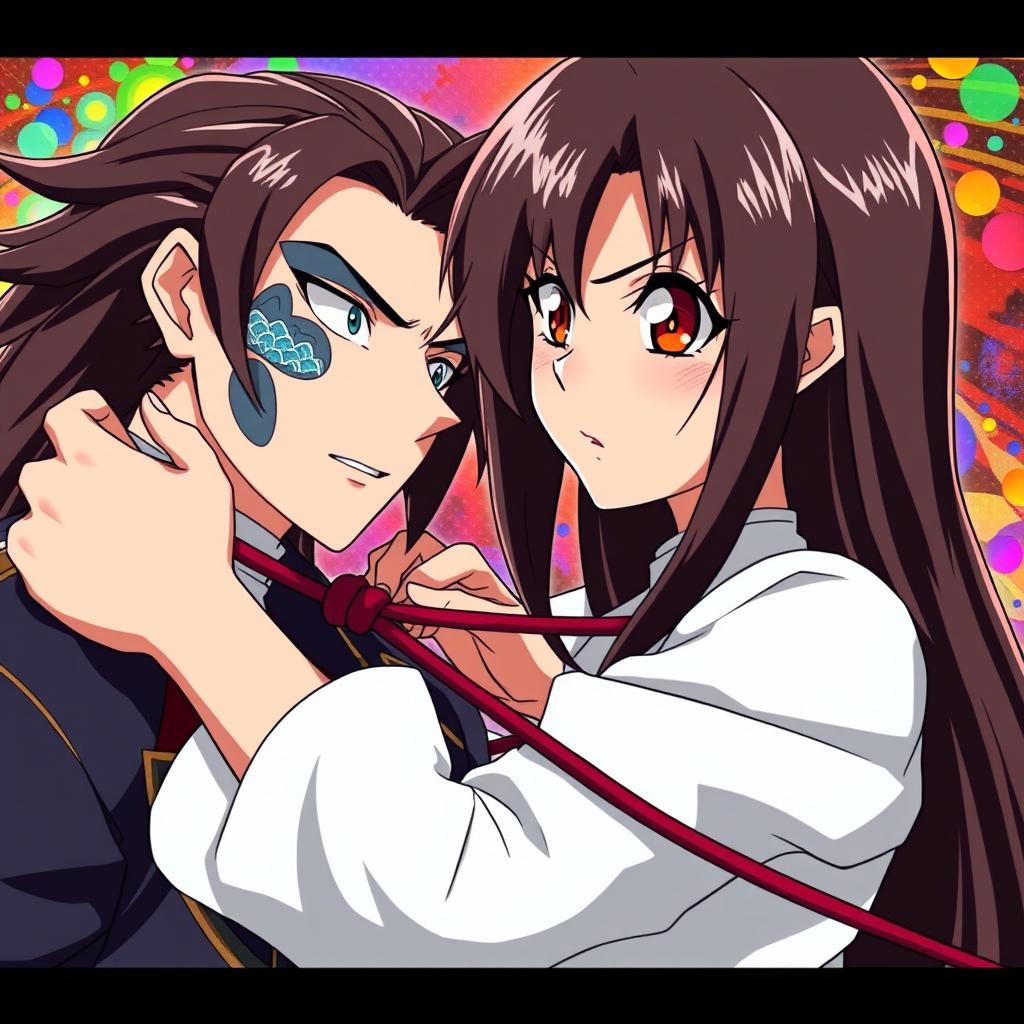 A scene featuring a strong, assertive woman with long brunette hair and striking red eyes