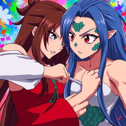 A scene featuring a strong, assertive woman with long brunette hair and striking red eyes