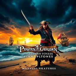 A captivating poster design for 'Pirates of the Caribbean 6: The Return of Davy Jones' (2025), showcasing Johnny Depp as Captain Jack Sparrow and Margot Robbie as a fierce pirate captain alongside him