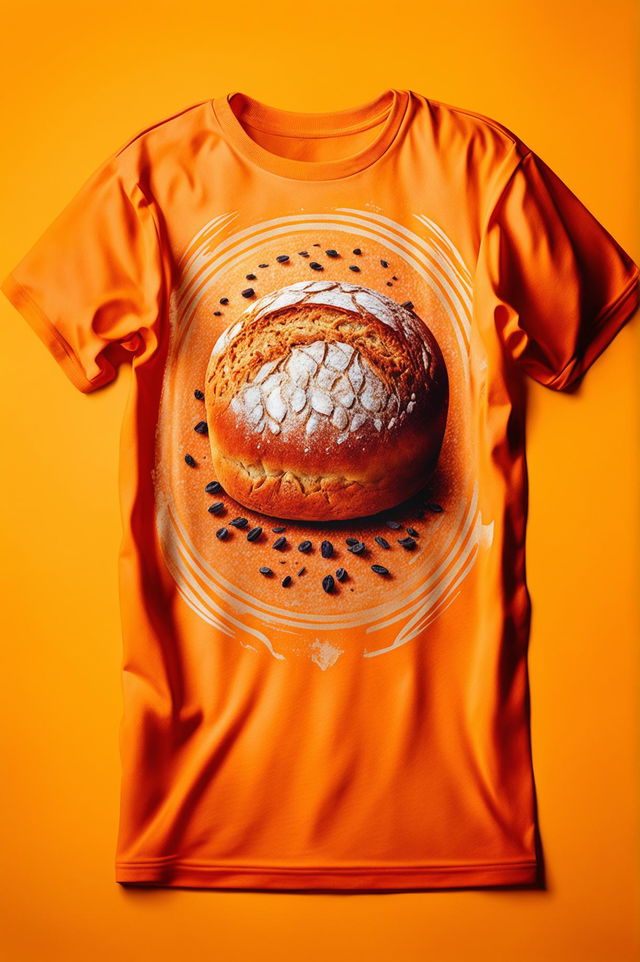 The image presents a vibrant orange graphic tee with a detailed print of a loaf of bread