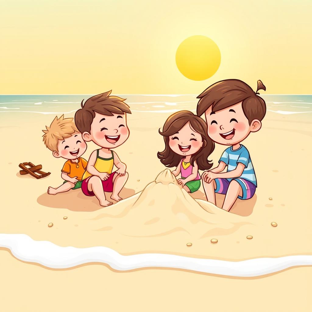 A whimsical and colorful illustration of a cartoon-style beach scene featuring children playing in the sand