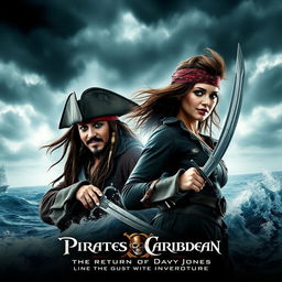 A thrilling movie poster for 'Pirates of the Caribbean 6: The Return Of Davy Jones' featuring Johnny Depp as Captain Jack Sparrow and Margot Robbie as a fierce pirate captain