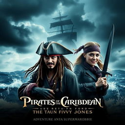 A thrilling movie poster for 'Pirates of the Caribbean 6: The Return Of Davy Jones' featuring Johnny Depp as Captain Jack Sparrow and Margot Robbie as a fierce pirate captain