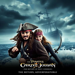 A thrilling movie poster for 'Pirates of the Caribbean 6: The Return Of Davy Jones' featuring Johnny Depp as Captain Jack Sparrow and Margot Robbie as a fierce pirate captain
