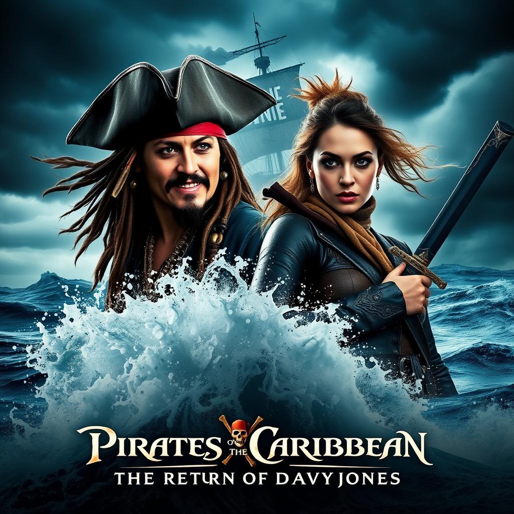 A thrilling movie poster for 'Pirates of the Caribbean 6: The Return Of Davy Jones' featuring Johnny Depp as Captain Jack Sparrow and Margot Robbie as a fierce pirate captain