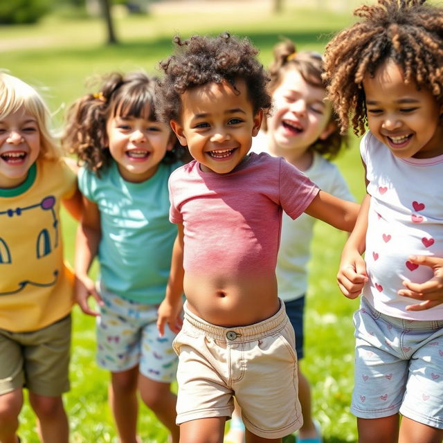 A playful scene featuring a diverse group of children engaging in a fun outdoor activity, showcasing their laughter and joy
