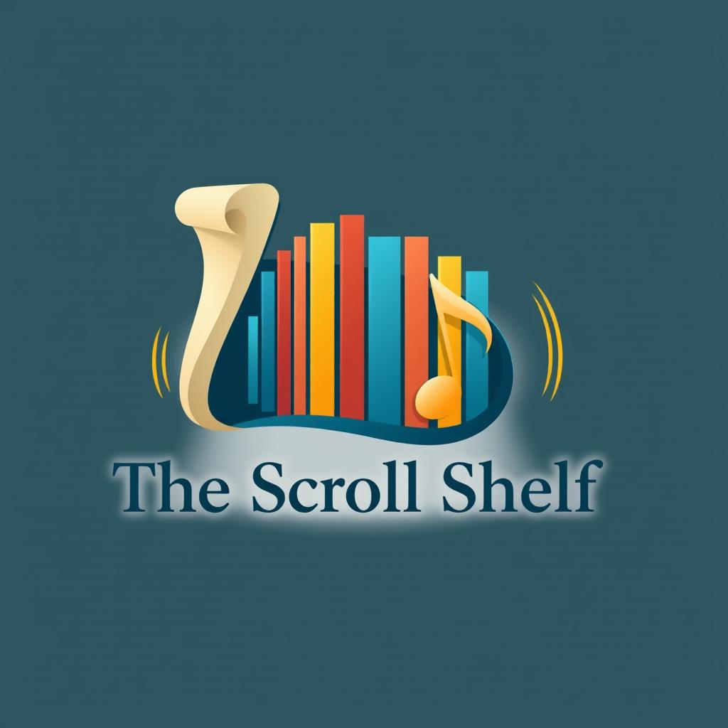 An innovative logo for 'The Scroll Shelf', a digital library specializing in books and music