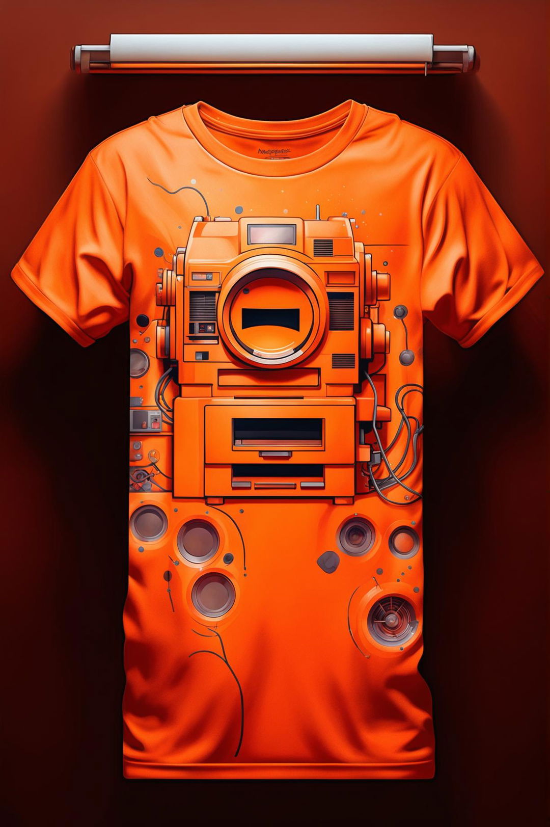 The image portrays a lively orange graphic tee with a detailed print of a photocopier