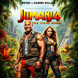 An exciting movie poster for 'Jumanji 4: The Final Game' featuring Dwayne Johnson and Karen Gillan in vibrant jungle surroundings