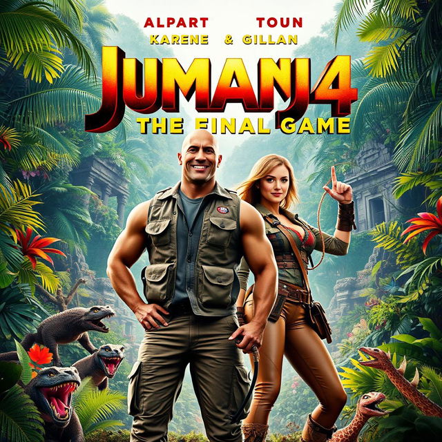 An exciting movie poster for 'Jumanji 4: The Final Game' featuring Dwayne Johnson and Karen Gillan in vibrant jungle surroundings