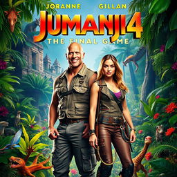 An exciting movie poster for 'Jumanji 4: The Final Game' featuring Dwayne Johnson and Karen Gillan in vibrant jungle surroundings