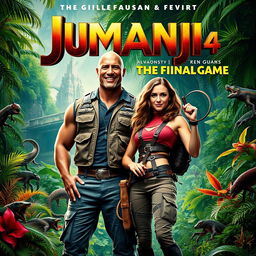 An exciting movie poster for 'Jumanji 4: The Final Game' featuring Dwayne Johnson and Karen Gillan in vibrant jungle surroundings