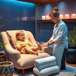 A serene and peaceful setting in a stylish spa, where a young boy is receiving a gentle and calming foot massage