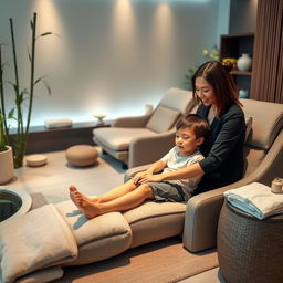 A serene and peaceful setting in a stylish spa, where a young boy is receiving a gentle and calming foot massage
