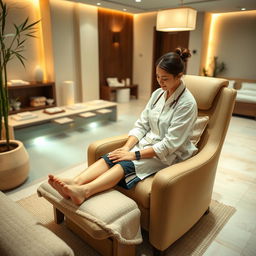 A serene and peaceful setting in a stylish spa, where a young boy is receiving a gentle and calming foot massage