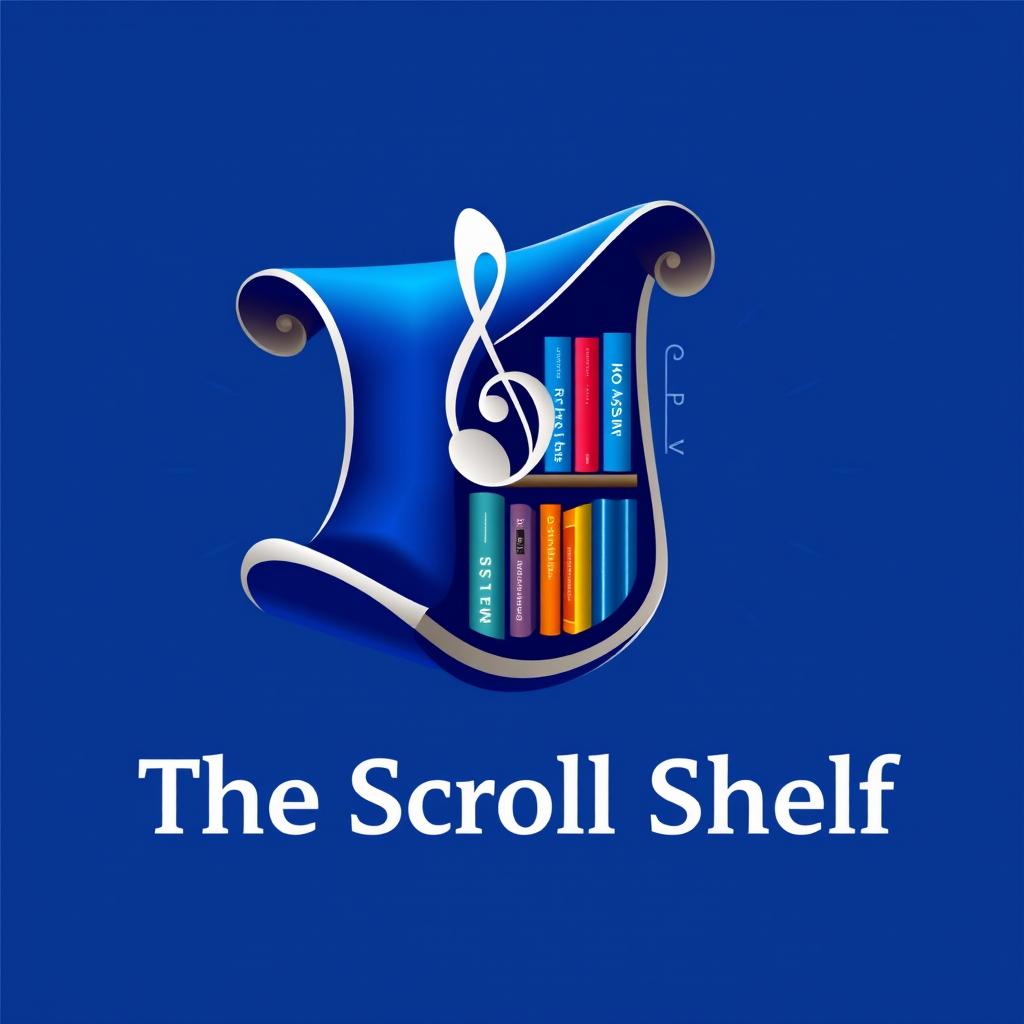 A creative logo design for 'The Scroll Shelf', representing a digital library of books and music