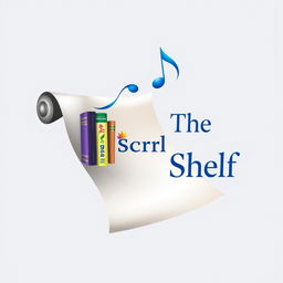 A creative logo design for 'The Scroll Shelf', representing a digital library of books and music