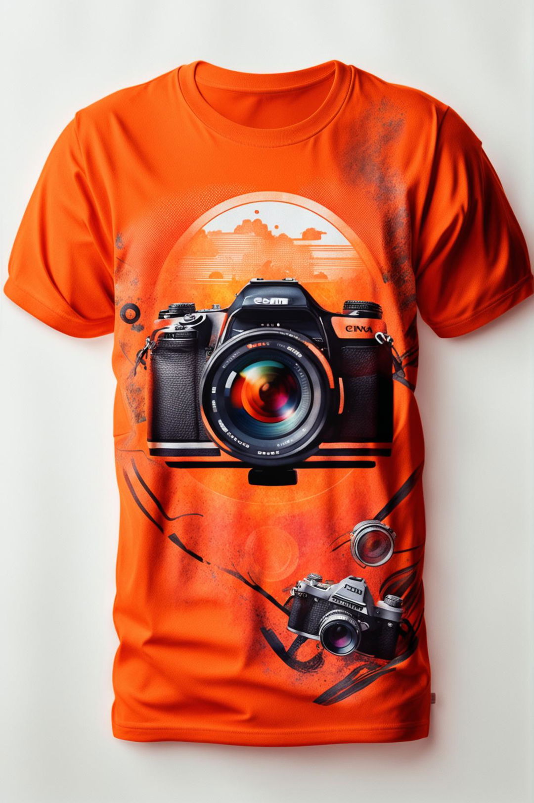 The image depicts a vivid orange graphic tee with a detailed print of a camera