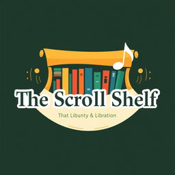 A captivating logo for 'The Scroll Shelf', a digital library that combines books and music