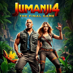 A vibrant and action-packed movie poster for 'Jumanji 4: The Final Game', featuring Dwayne Johnson and Karen Gillan against a thrilling jungle backdrop