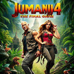 A vibrant and action-packed movie poster for 'Jumanji 4: The Final Game', featuring Dwayne Johnson and Karen Gillan against a thrilling jungle backdrop