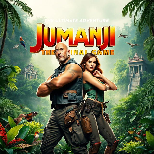 A vibrant and action-packed movie poster for 'Jumanji 4: The Final Game', featuring Dwayne Johnson and Karen Gillan against a thrilling jungle backdrop