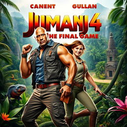 A vibrant and action-packed movie poster for 'Jumanji 4: The Final Game', featuring Dwayne Johnson and Karen Gillan against a thrilling jungle backdrop