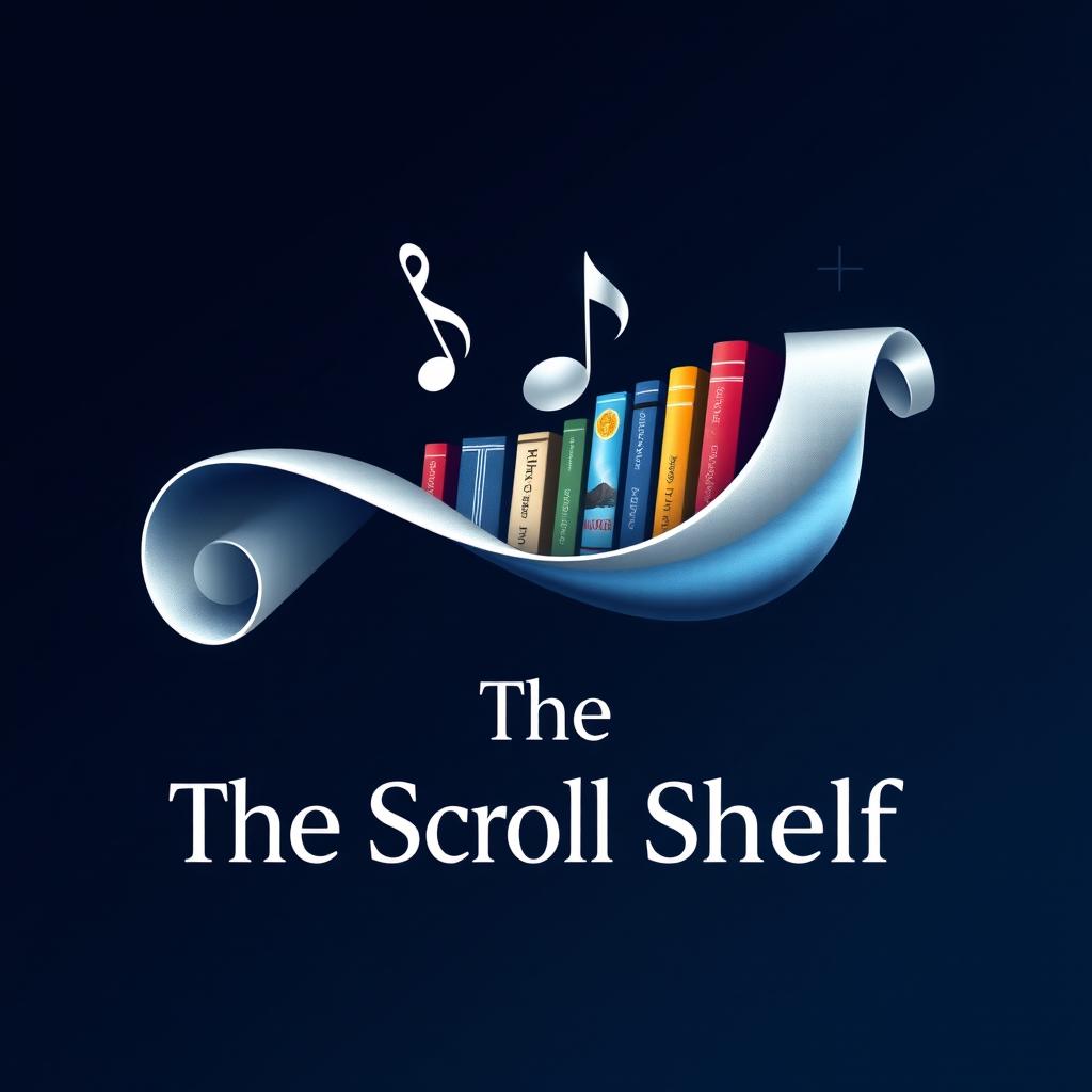 An artistic logo for 'The Scroll Shelf', a digital internet library that features both books and music