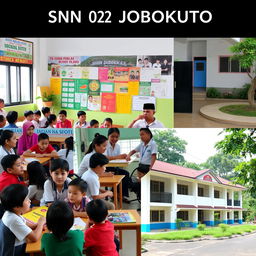 A vibrant school scene at SDN 02 JOBOKUTO, featuring diverse students engaged in various learning activities and a friendly teacher interacting with them